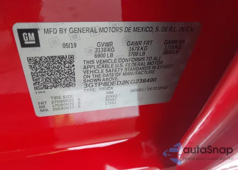 2019 GMC Sierra 1500 Slt from USA, damaged, VIN 3GTP8DED2KG238490